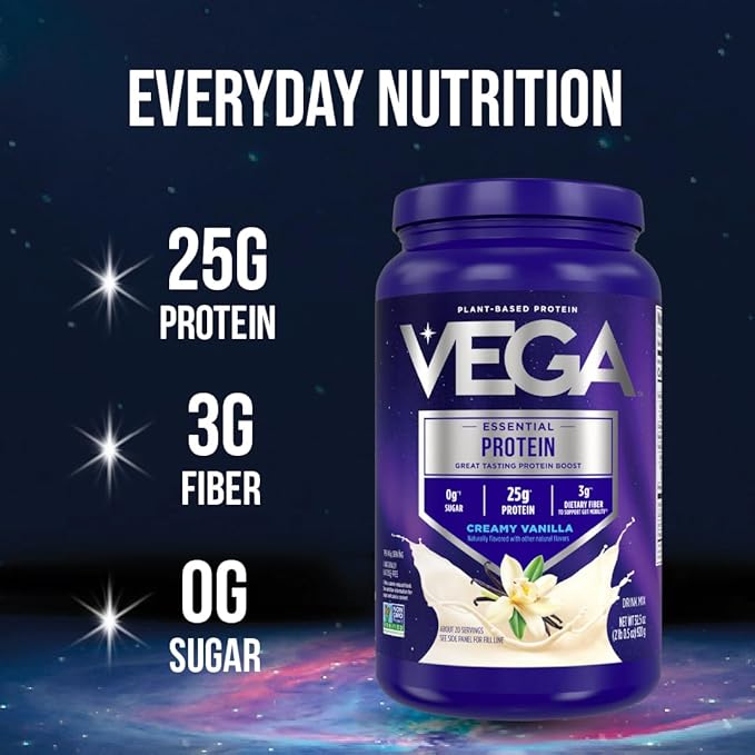 Vega Original Essential Protein - 25g Plant-Based Protein, Creamy Vanilla, 20 Servings, Vegan Non-GMO Drink Mix, Smoothie & Shake Ready, Gluten Free, Dairy Free, 32.5oz (Packaging May Vary)