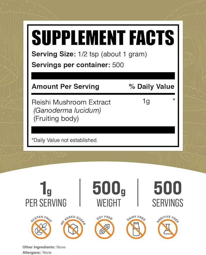 BulkSupplements.com Reishi Mushroom Extract Powder - Reishi Mushroom Powder, Supplement for Overall Well-Being - Gluten Free, 1g per Serving, 500g (1.1 lbs) (Pack of 1)