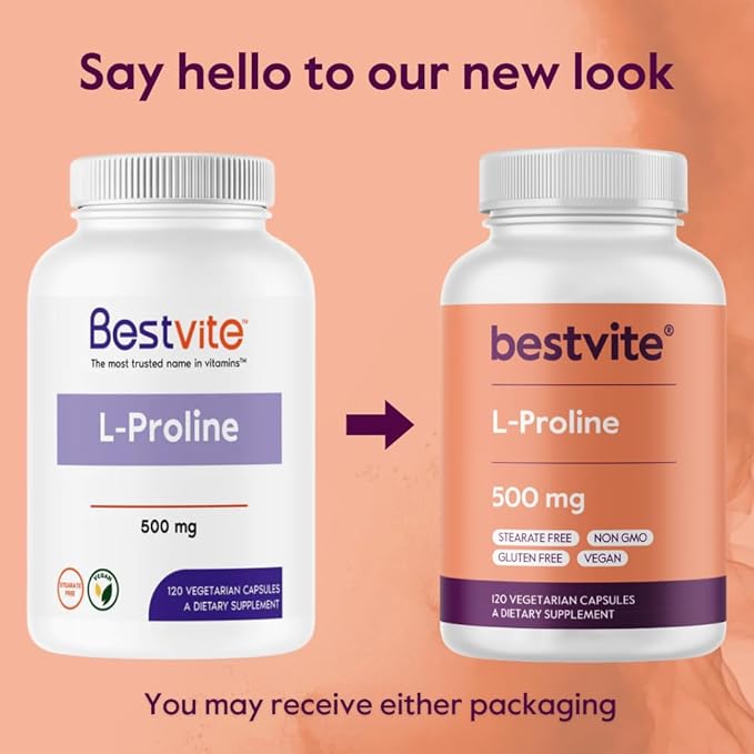 BESTVITE L-Proline 500mg (120 Vegetarian Capsules) - No Stearates - No Fillers - Vegan - Gluten Free - Non GMO
