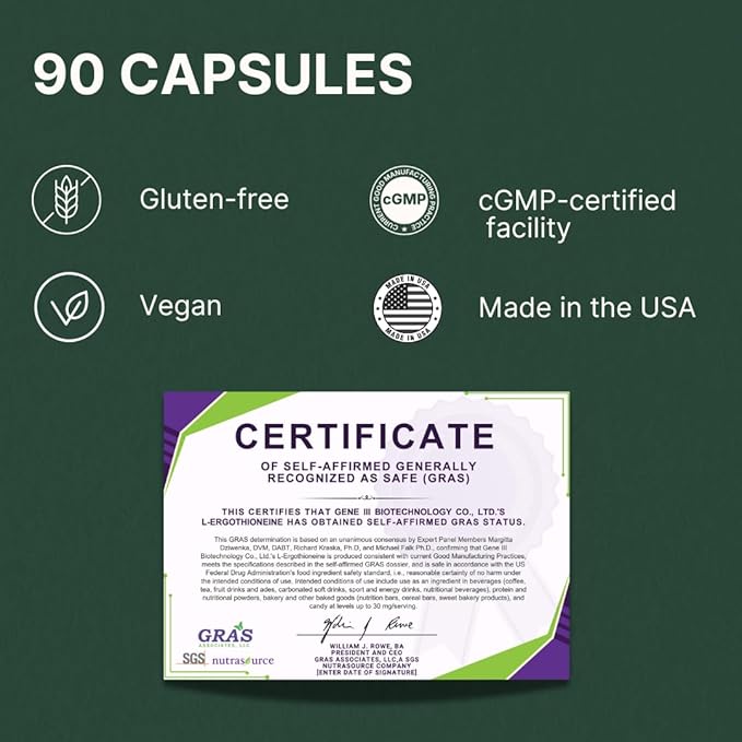 L-Ergothioneine Supplement, 30mg(EGT)/Serving, 6X Ergothioneine Mushroom Extract Supplements Longevity, Immune Support, Heart Health & Brain Supplement, Lab Tested, Made in USA (90 Servings)