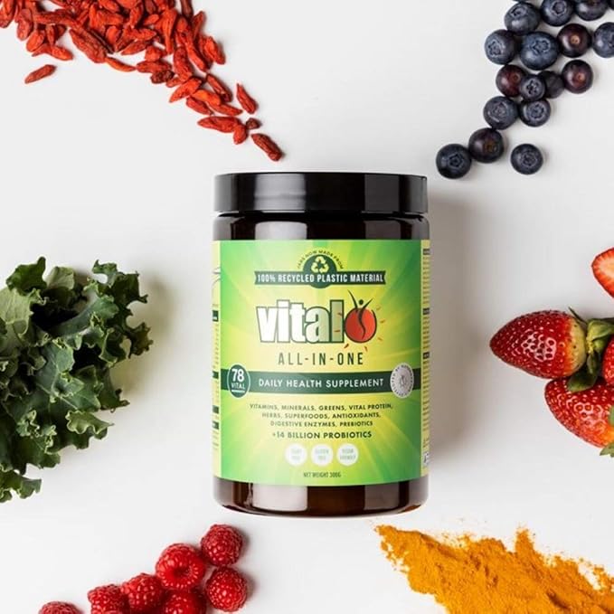 Vital All-in-One Daily Powdered Supplement - Natural Greens Superfood Powder for Energy & Health, Super Greens Powder Drink Mix with Probiotic & Antioxidant Support - 4.23 oz (120 g)