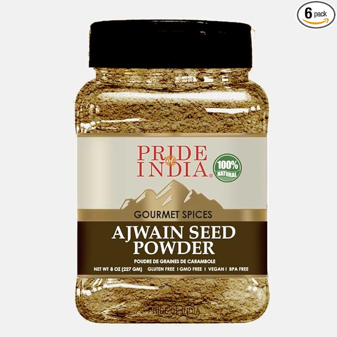 Pride of India - PACK of 6 - Ajwain Seed Powder – Gourmet Indian Spice – Made from Fresh Carom Seeds – Rich in Nutrients – Aromatic & Flavorful – Easy to Use - 8oz. Medium Dual Sifter Jar