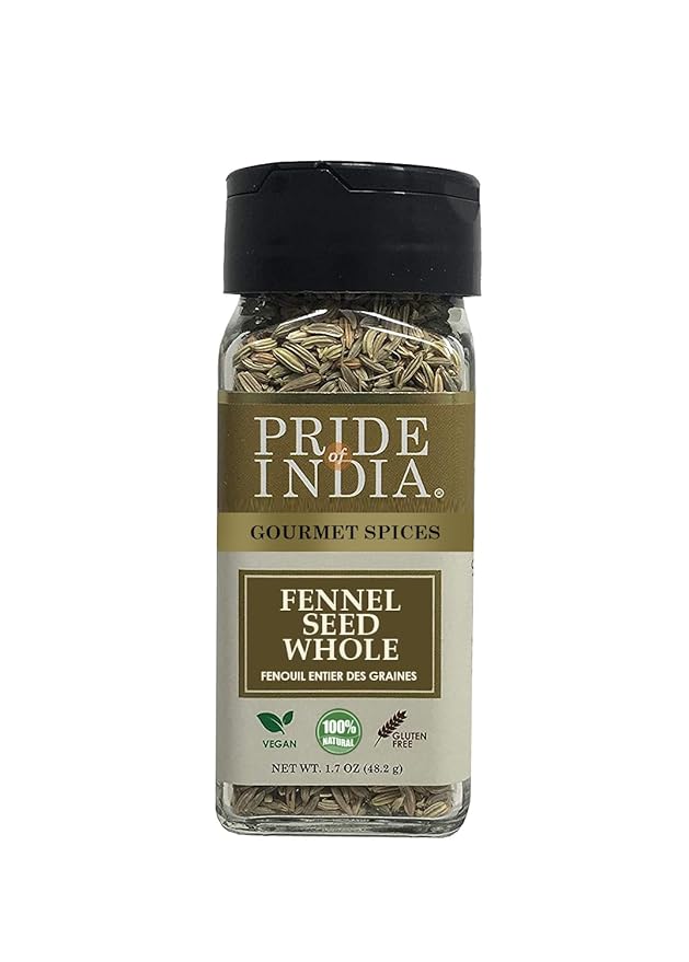 Pride of India – Fennel Seed Whole – Gourmet Spice – Fresh & Aromatic – Mouth Freshener – GMO/Gluten Free – Flavoring for bakes, meat & more – Easy to Use – 1.7 oz. Small Dual Sifter Bottle