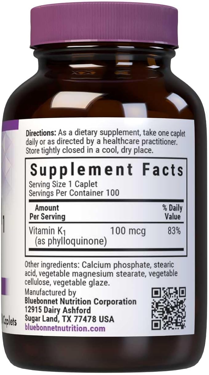 Bluebonnet Vitamin K1 100 mcg Supports Bone Health - Phylloquinone Crystalline Vitamin K Supplement - Non-GMO, Kosher Certified, Gluten-Free, Dairy-Free - 100 Vegan Caplets