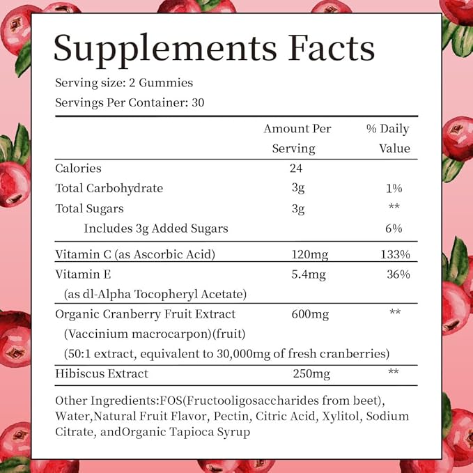 Cranberry Gummies Urinary Tract Health for Women & Men, 50X Concentrate Extrac, Vitamin C & E, Cranberry Gummies for Women with Hibiscus to Support Immune, 120 Counts