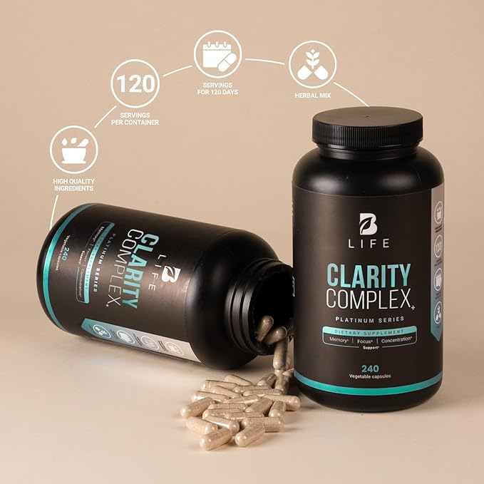Clarity Complex with Natural Ingredients: Thiamin Vitamin B1, Ashwagandha, Lion's Mane Mushroom | 240 caps | Helps Increase Focus, Cognition, Memory and Clarity | Made in The USA by B Life.