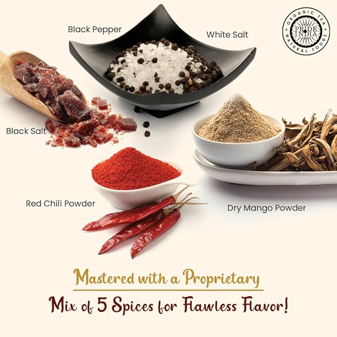 Pride of India – Indian Chat Masala Seasoning Spice – Ideal for Savory Dishes – Perfect Seasoning for Drinks/Salads/Fruits – Preservatives Free – Easy to Use – 2.7 oz. Small Dual Sifter Jar