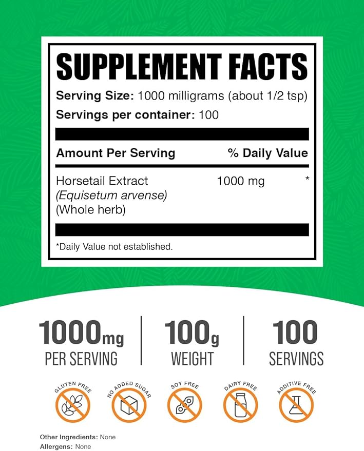 BulkSupplements.com Horsetail Extract Powder - Horsetail Herb - Silica Supplements, Gluten Free, 1g per Serving, 100g (3.5 oz) (Pack of 1)