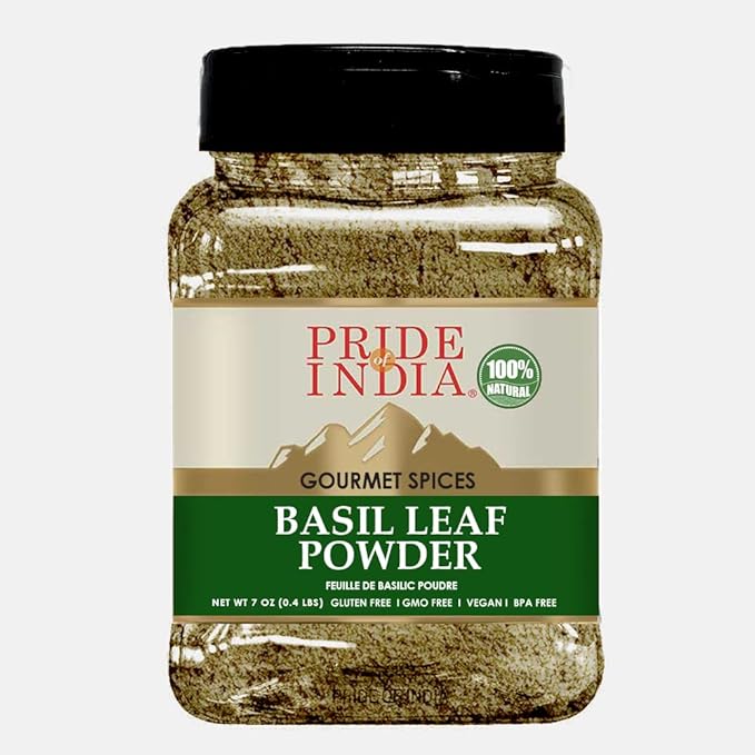 Pride of India Basil Powder | Dried Basil Leaves | Gourmet Culinary Basil Spice | Aromatic Dry Basil for Pesto/Stews/Curries | No Additives & Easy to Store | Medium Dual Sifter Jar - 7 oz