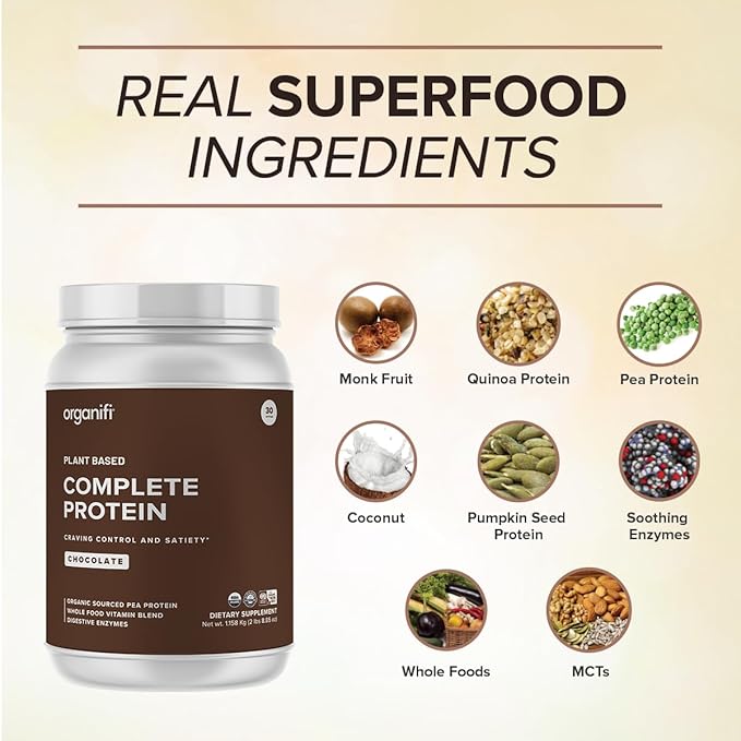 Organifi Complete Protein Chocolate Flavor - Organic Vegan Plant Based Protein Powder with Digestive Enzymes - 30 Day Supply - No Soy, Dairy, or Gluten