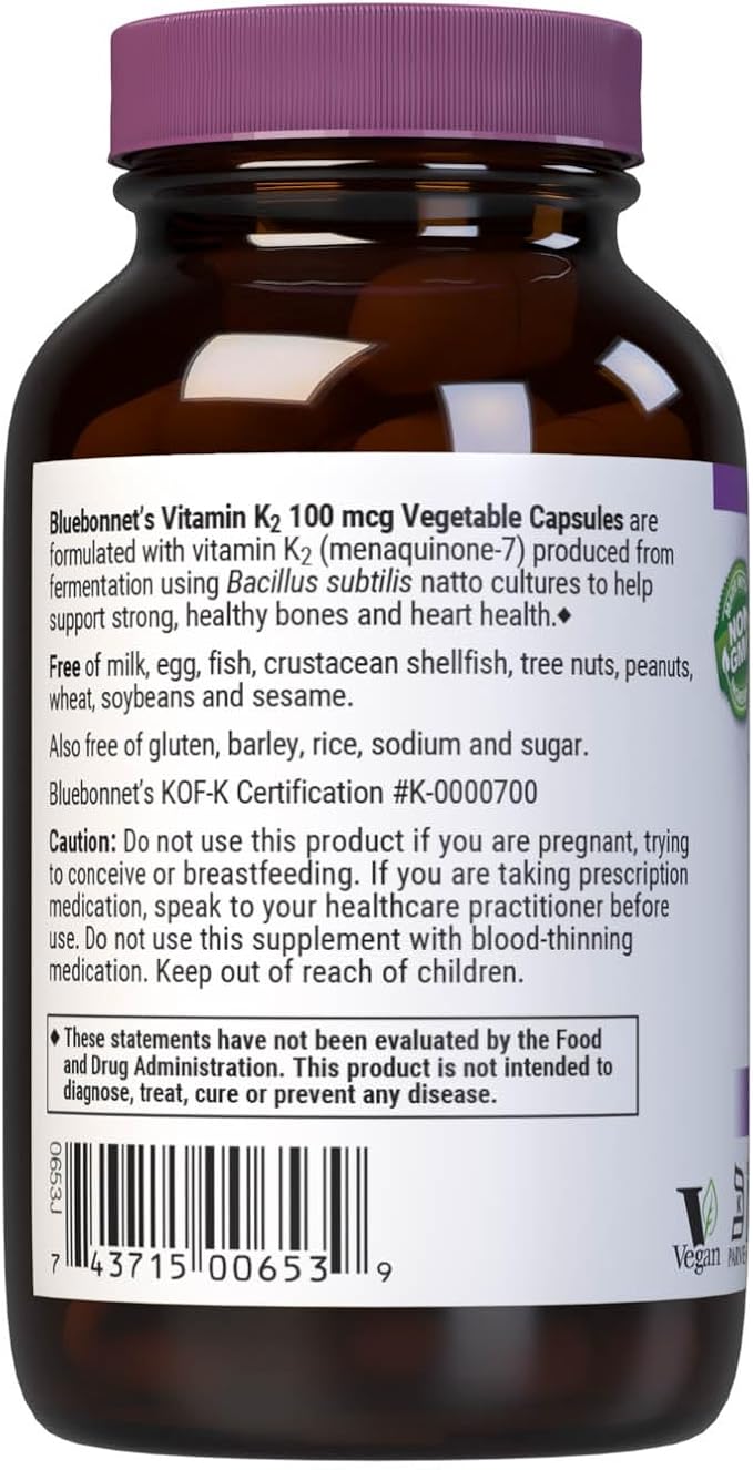 Bluebonnet Nutrition Vitamin K2 Supplement 100 mcg Daily Vit K2 MK7 Heart Health & Bone Vitamins for Women & Men* - Vegan, non-GMO, Dairy-Free, Gluten-Free Vit K - 100 Vegetable Capsules