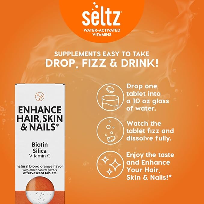 Seltz® Water-Activated Vitamins - Enhance Hair, Skin & Nails with Vitamin C, Silica, and Biotin – Natural Blood Orange Flavor Dietary Supplement - 6 Packs x 20 Effervescent Tablets Each