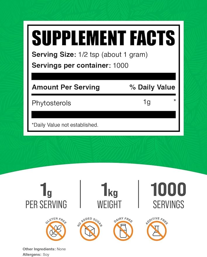 BulkSupplements.com Phytosterols Powder - Phytosterols Supplement, Beta Sitosterol Supplement - Sourced from Soy, Gluten Free, 1g per Serving, 1kg (2.2 lbs) (Pack of 1)