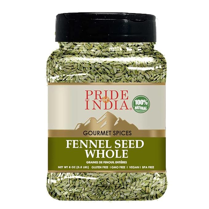 Pride of India – Fennel Seed Whole – Gourmet Spice – Fresh & Aromatic – Mouth Freshener – GMO/Gluten Free – Flavoring for bakes, meat & more – Easy to Use – 8 oz. Medium Dual Sifter Jar