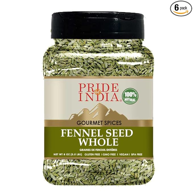 Pride of India - PACK of 6 - Fennel Seed Whole – Gourmet Spice – Fresh & Aromatic – Mouth Freshener – GMO/Gluten Free – Flavoring for bakes, meat & more – Easy to Use – 8 oz. Medium Dual Sifter Jar