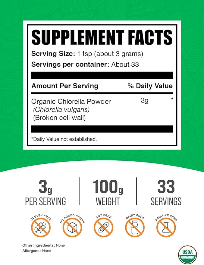 BulkSupplements.com Organic Chlorella Powder - Broken Cell Wall, Green Superfood Powder, Chlorella Supplement - Gluten Free, 3g per Serving, 100g (3.5 oz) (Pack of 1)