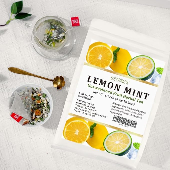 Premium 50 Lemon Peppermint Tea Bags, 100% Natural Lemon & Mint Leaves, No Additives & Caffeine Free.