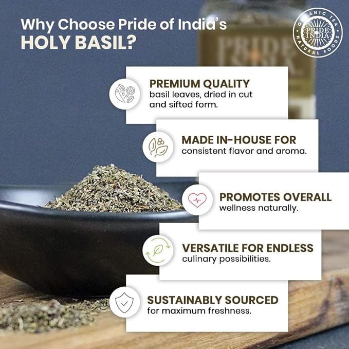 Pride of India – Sweet Holy Basil Leaf – Indian Tulsi Leaf Cut & Sifted – Gourmet Herb – Rich in Nutrients – Ocimum sanctum – GMO Free – Easy to Use – 0.5 oz. Small Dual Sifter Bottle