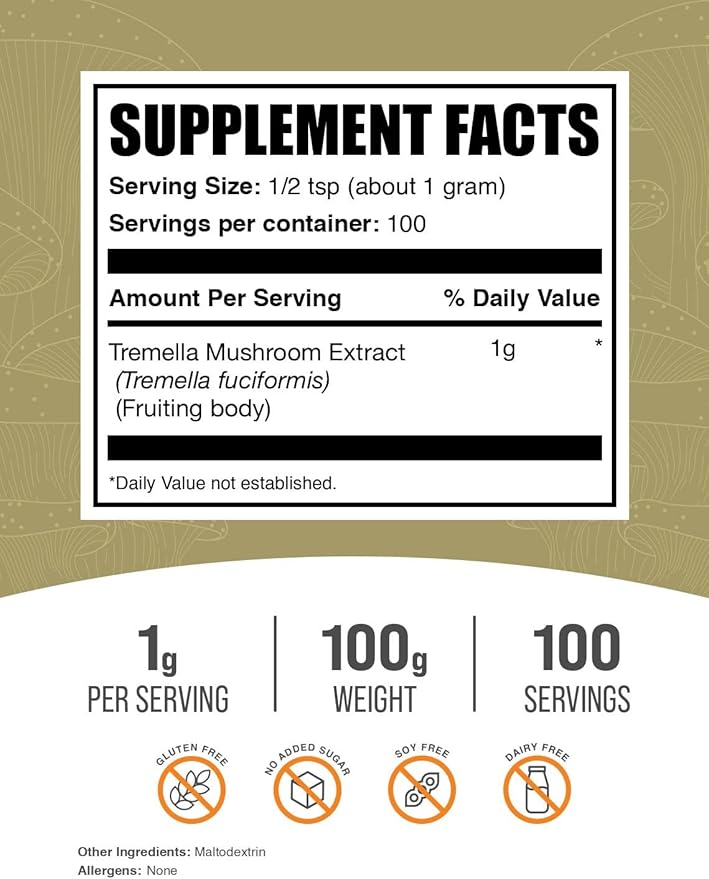 BulkSupplements.com Tremella Mushroom Extract - Tremella Fuciformis Extract, Mushroom Supplement - Vegan & Gluten Free, 1g per Serving, 100g (3.5 oz) (Pack of 1)
