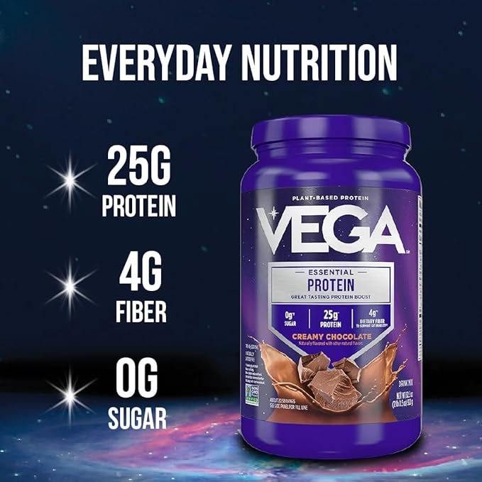 Vega Original Essential Protein - 25g Plant-Based Protein, Creamy Chocolate, 10 Servings, Vegan Non-GMO Drink Mix, Smoothie & Shake Ready, Gluten Free, Dairy Free, 16.2oz (Packaging May Vary)