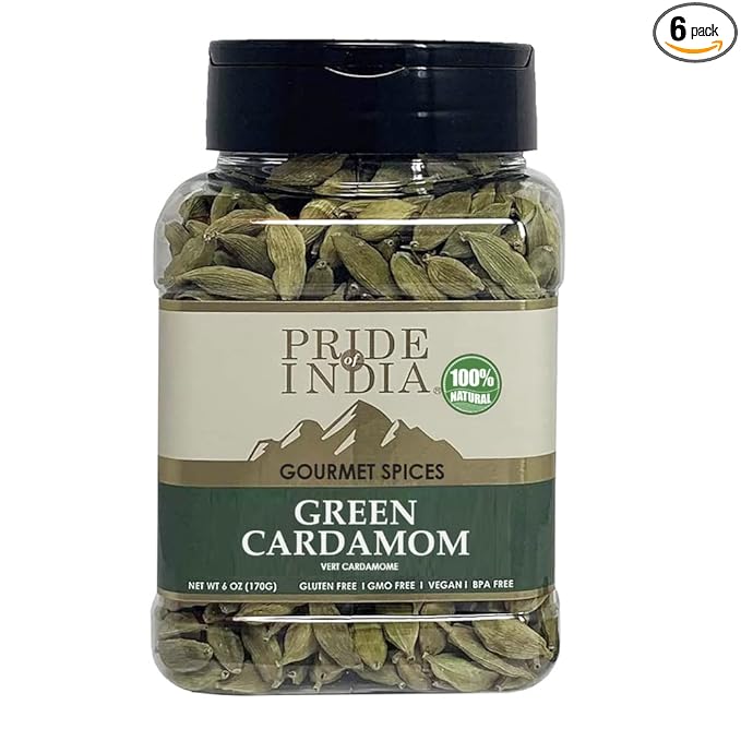 Pride of India - PACK of 6 - Green Cardamom Whole – Gourmet & Aromatic Spice – Flavoring agent for bakes/teas/drinks & more – Full Bodied Green Pods – 6 oz. Medium Dual Sifter Jar