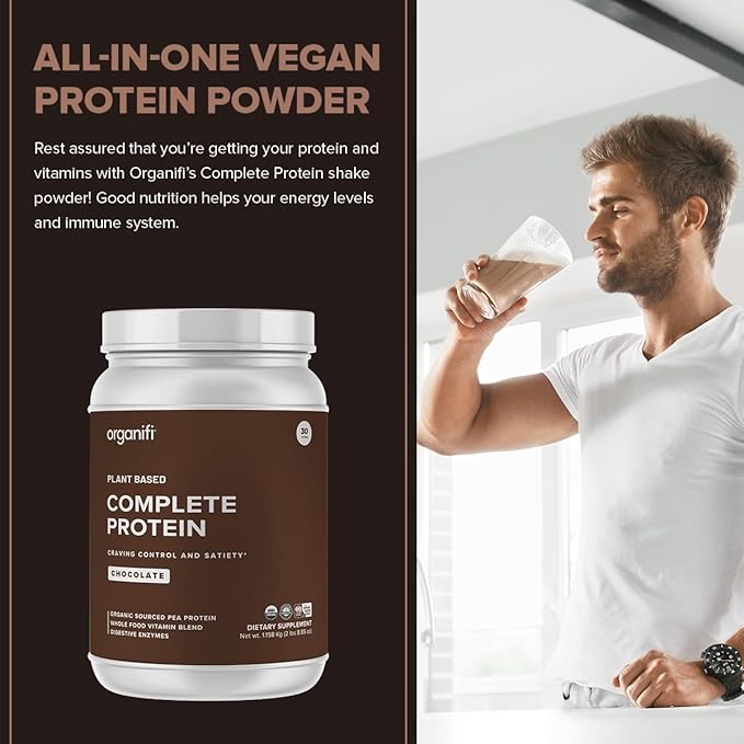 Organifi Complete Protein Chocolate Flavor - Organic Vegan Plant Based Protein Powder with Digestive Enzymes - 30 Day Supply - No Soy, Dairy, or Gluten