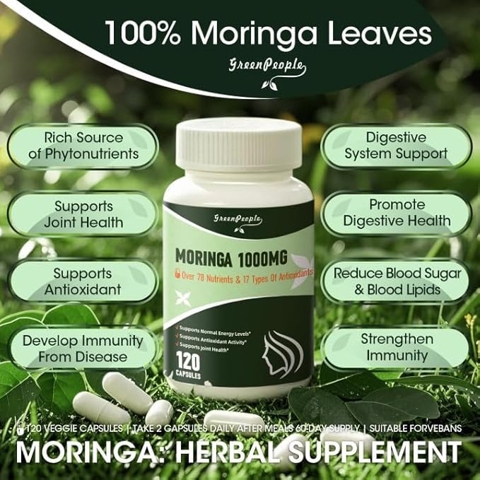 Moringa Capsules,Rich Moringa Powder with Turmeric & Ginger,Natural Green Antioxidant Superfood - Supports Energy,Skin Health,Gut Health,with Essential Vitamins & Amino Acids,120pcs-2 pack