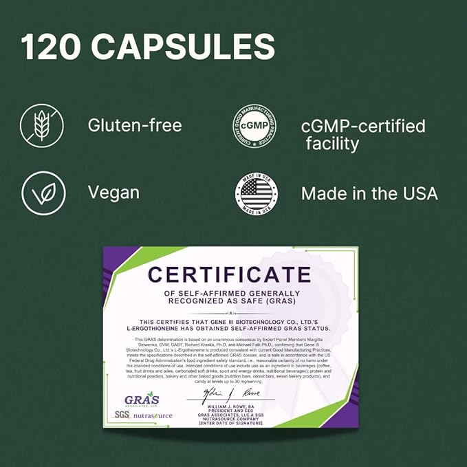 L-Ergothioneine Supplement, 30mg(EGT)/Serving, 6X Ergothioneine Mushroom Extract Supplements Longevity, Immune Support, Heart Health & Brain Supplement, Lab Tested, Made in USA (120 Servings)