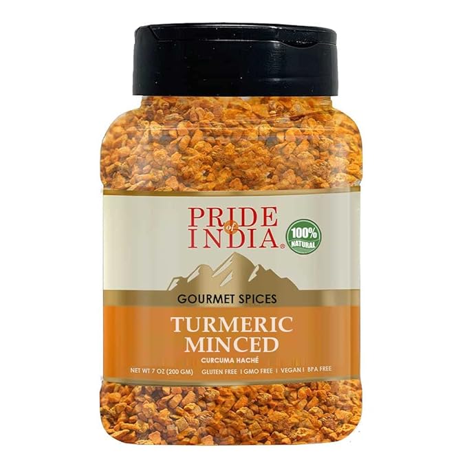 Pride of India – Turmeric Minced Whole – Gourmet Spice – Curcumin Rich Properties – No Additives Gluten – Easy to Use – 7 oz. Medium Dual Sifter Jar