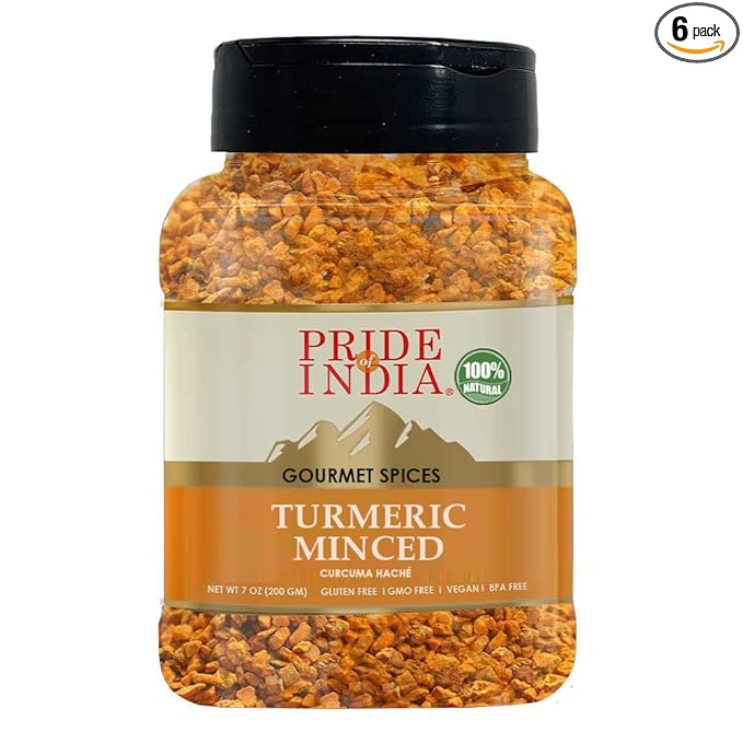 Pride of India - PACK of 6 - Turmeric Minced Whole – Gourmet Spice – Curcumin Rich Properties – No Additives Gluten – Easy to Use – 7 oz. Medium Dual Sifter Jar