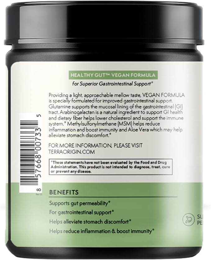 TERRA ORIGIN Healthy Gut Powder Vegan Formula | with L Glutamine, DGL Licorice Root Powder, MSM | Bloating and Leaky Gut | Gut Health for Women and Men | 30- Servings