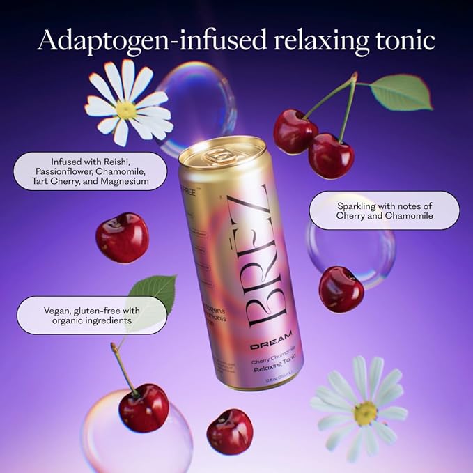 BRĒZ Dream Reishi Mushroom Drink, Non-Infused Relaxing Tonic with Reishi, Chamomile, Tart Cherry, Magnesium & L-Theanine, Vegan Adaptogen Drink for Sleep, Calm & Mood, 12 fl oz - 12 Pack
