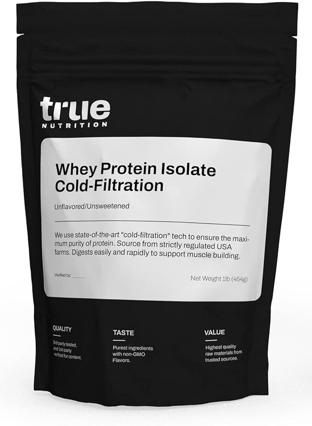True Nutrition Unflavored Whey Protein Isolate Cold-Filtration - 100% Whey Protein Powder - 27g Protein per Serving - Mixes Easily and Tastes Great - Third Party Tested - Unflavored/Unsweetened - 1lb