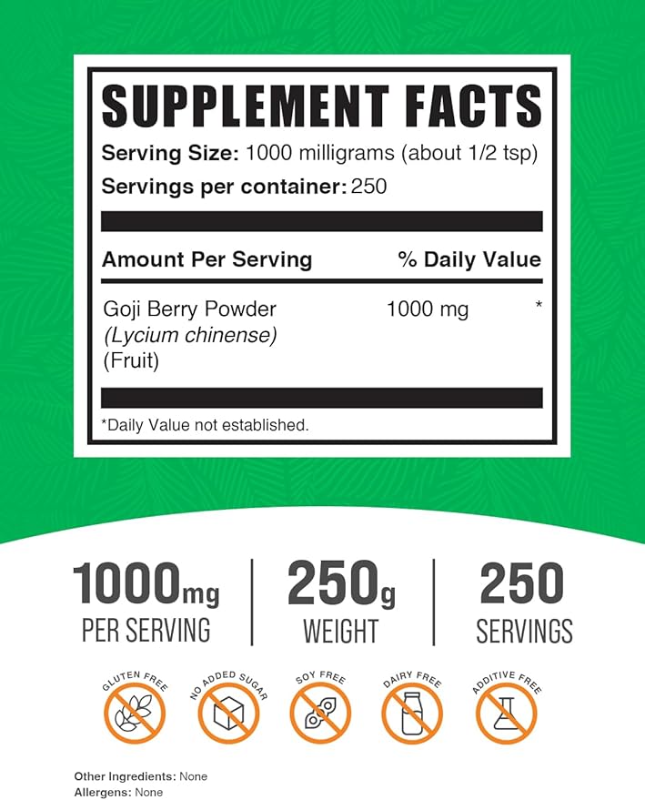 BulkSupplements.com Goji Berry Powder - Goji Berries Supplement, Wolfberry Powder - Vegan & Gluten Free, 1g per Serving, 250g (8.8 oz) (Pack of 1)