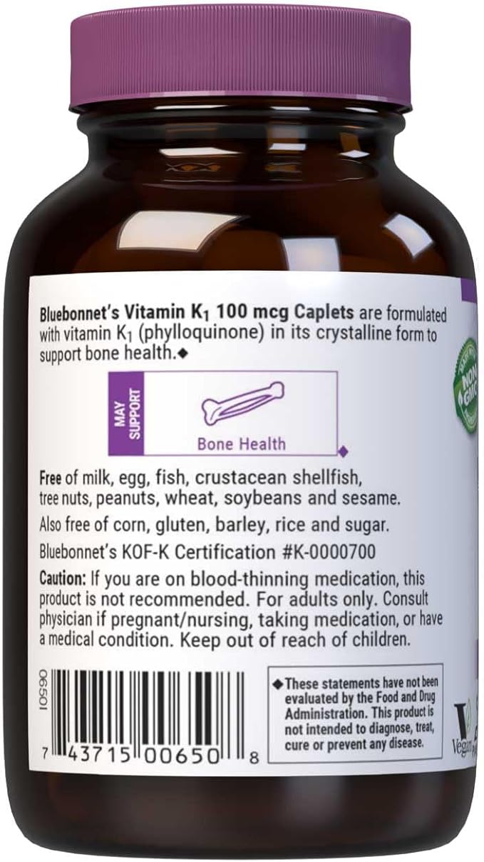 Bluebonnet Vitamin K1 100 mcg Supports Bone Health - Phylloquinone Crystalline Vitamin K Supplement - Non-GMO, Kosher Certified, Gluten-Free, Dairy-Free - 100 Vegan Caplets