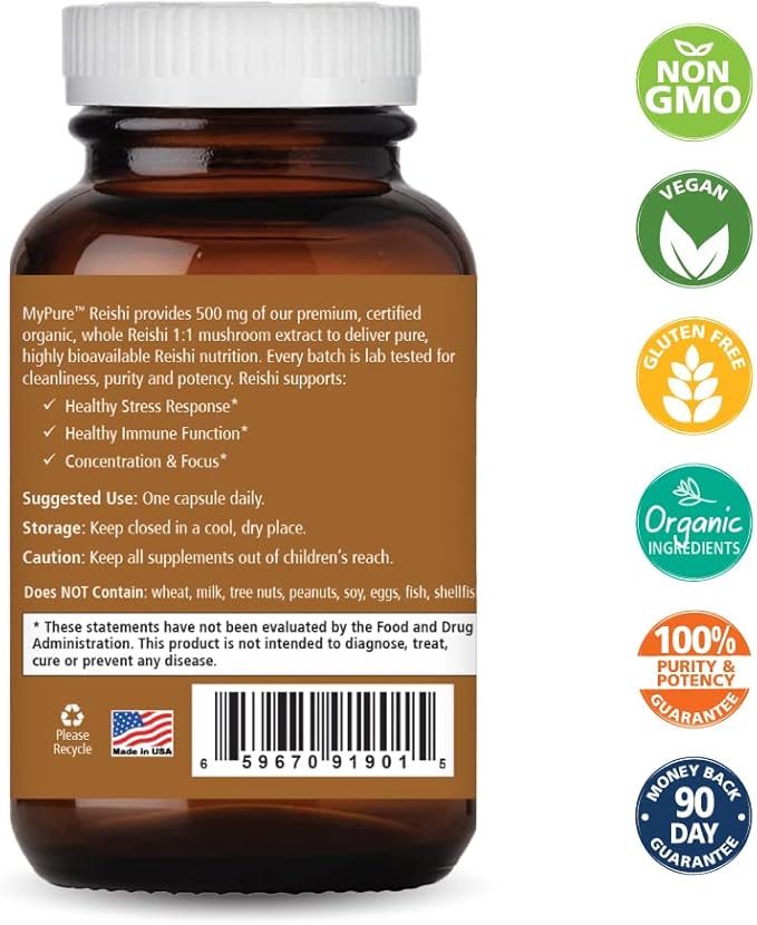 PURE ESSENCE LABS MyPure Reishi Organic Mushrooms Supplement - 100% Real Mushroom Extract for Immune Support, Stress Relief, Build Energy (30 Capsules)