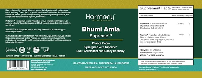 Bhumi Amla Supreme - Chanca Piedra – Harmony Nutraceutical Highest Potency, Maximum Bioactivity, Pure Herbal Supplement for Liver, Gallbladder & Kidney