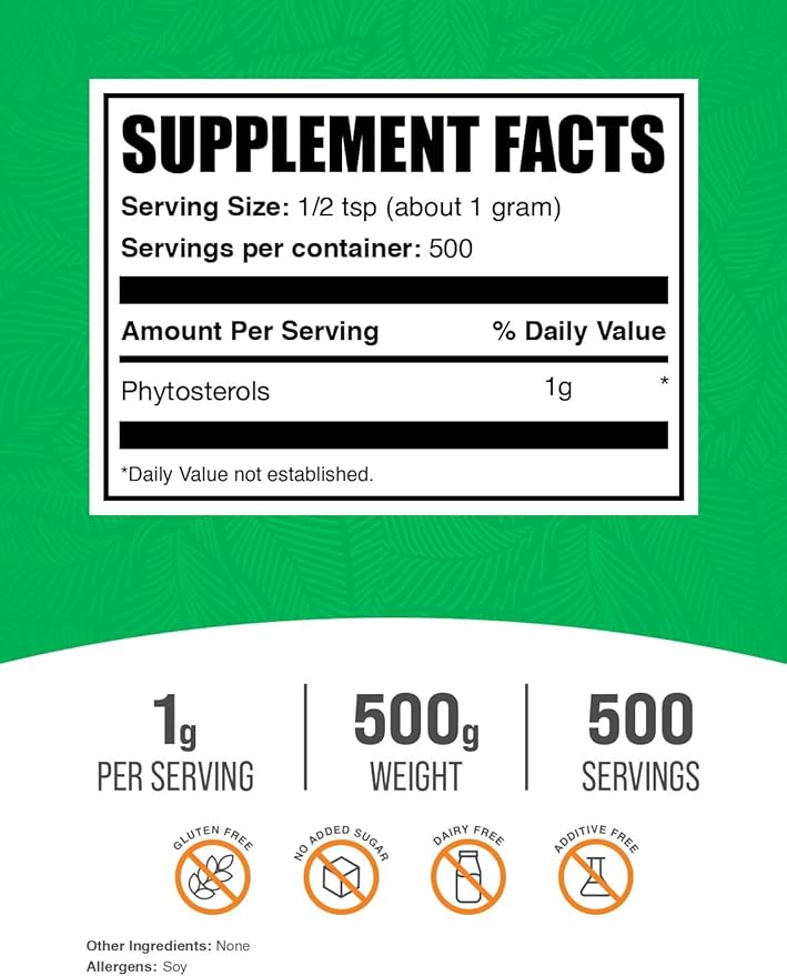 BulkSupplements.com Phytosterols Powder - Phytosterols Supplement, Beta Sitosterol Supplement - Sourced from Soy, Gluten Free, 1g per Serving, 500g (1.1 lbs) (Pack of 1)