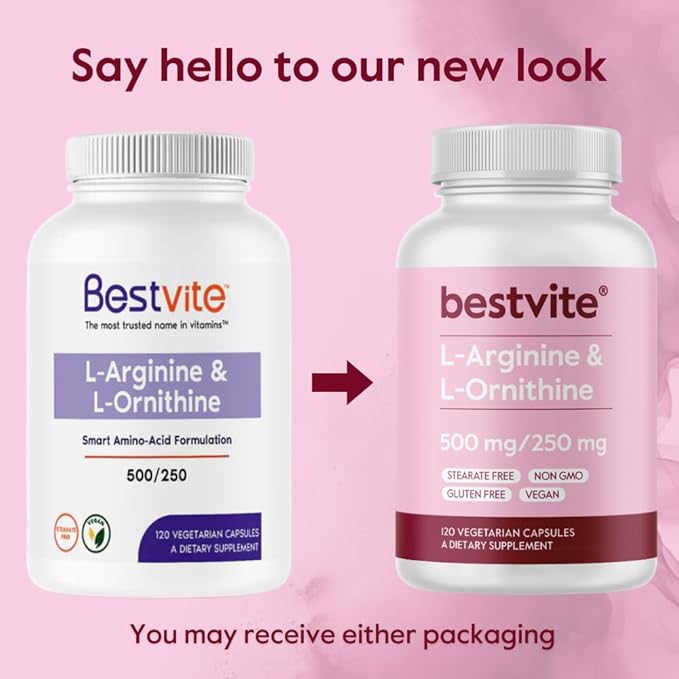 BESTVITE L-Arginine L-Ornithine 500-250 (240 Vegetarian Capsules) (120 x 2) - No Stearates - No Fillers - Vegan - Non GMO - Gluten Free - No Calcium Silicate