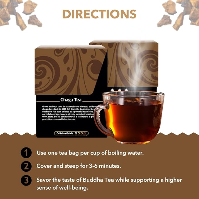 Buddha Teas - Chaga Tea - Organic Herbal Tea - For Cognitive Balance & Overall Health - With Chaga Mushroom, Antioxidants & B Vitamins - Caffeine Free - OU Kosher - 18 Tea Bags (Pack of 1)
