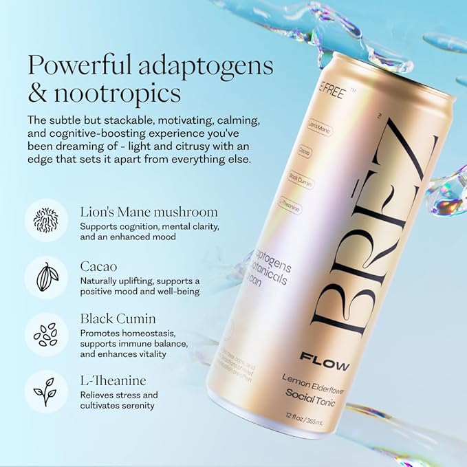 BRĒZ Mushroom Drink Variety Pack - Flow, Dream & Elevate - Lion’s Mane, Reishi, Cordyceps Mushrooms, Non-Infused, Adaptogen Tonics for Focus, Sleep, Mood & Energy, Vegan, 12 fl oz Cans (12 Pack)