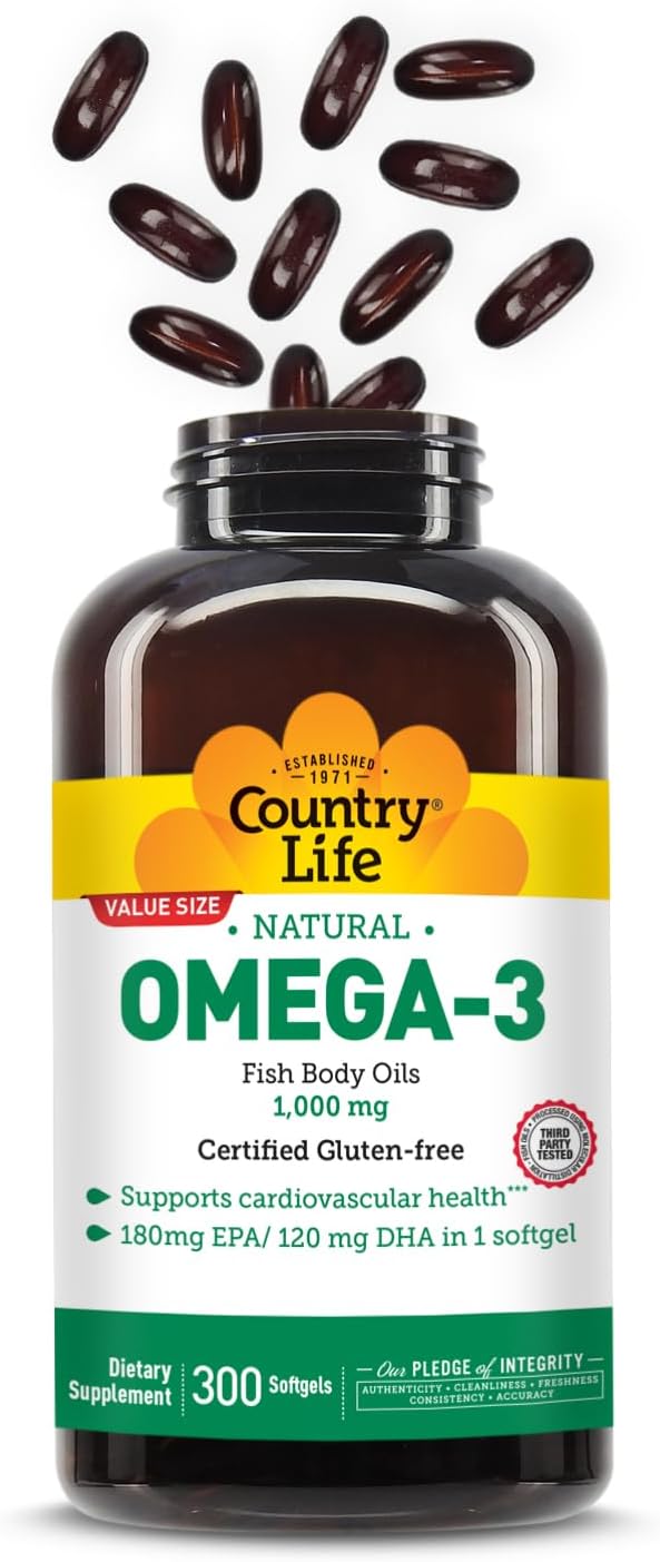 Country Life Omega-3 Fish Oil Supplement, 1000mg, 180mg EPA & 120mg DHA, Fish Oil Concentrate, Burpless, 300 Softgels, Certified Gluten Free
