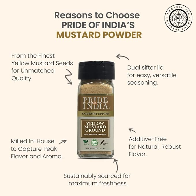 Pride of India Yellow Mustard Ground | Gourmet Spice Powder for Pickles, Sauces, Hotdogs & Dressings | Fine Mustard Powder | Preservative-Free | Easy to Use Small Dual Sifter Jar 2.6 oz
