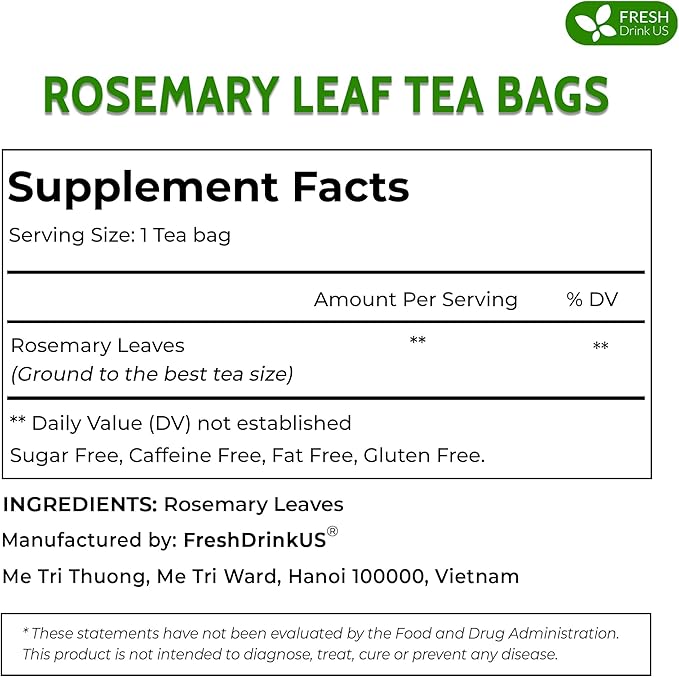FRESHDRINKUS, Premium 25 Rosemary Leaf Tea Bags, 100% Natural and Pure Rosemary Dried Leaves, Pure Rosemary Herbal Tea, No Additives, No Caffeine, No Gluten, Vegan.