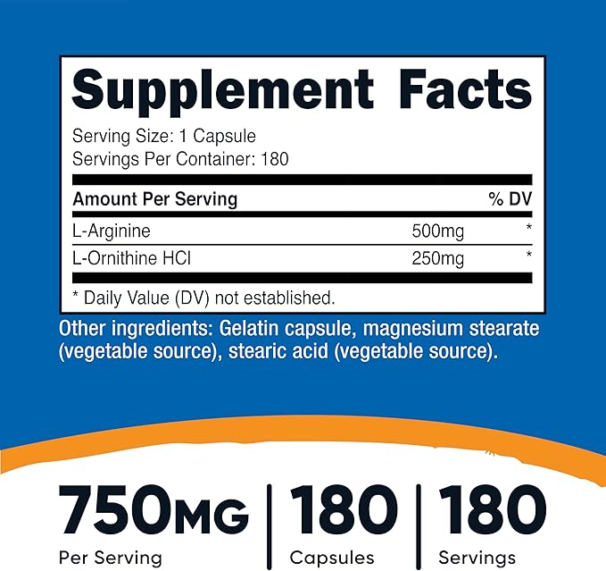 Nutricost L-Arginine L-Ornithine 750mg; 180 Capsules