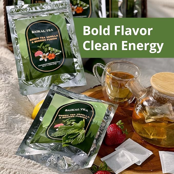 Baikal Tea Green Tea Vanilla & Berries Fusion – Antioxidant-Rich Herbal Blend with Sea Buckthorn, Lime and Mint – Fruity & Smooth Flavor, Caffeine Boost – 100% Natural 30 Tea Bags