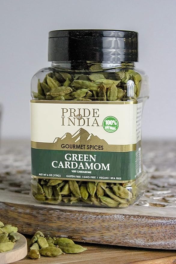 Pride of India – Green Cardamom Whole – Gourmet & Aromatic Spice – Flavoring agent for bakes/teas/drinks & more – Full Bodied Green Pods – 6 oz. Medium Dual Sifter Jar