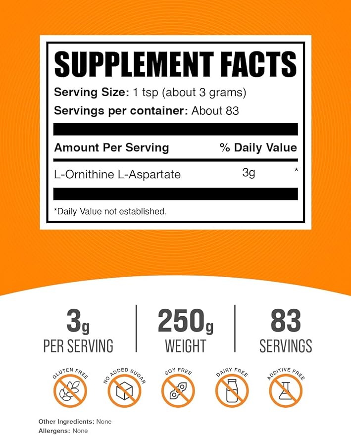 BulkSupplements.com L-Ornithine L-Aspartate Powder - Ornithine Supplement, Amino Acid Supplement - Gluten Free, 3g per Serving, 250g (8.8 oz) (Pack of 1)