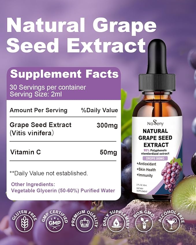 Natural Grape Seed Extract Drops-300 mg Grape Seed Extract Liquid Supplement - Maximum Strength Vitis Vinifera Seed Tincture, Standardized to 95% Polyphenols, Non-GMO, Gluten Free (60ml)