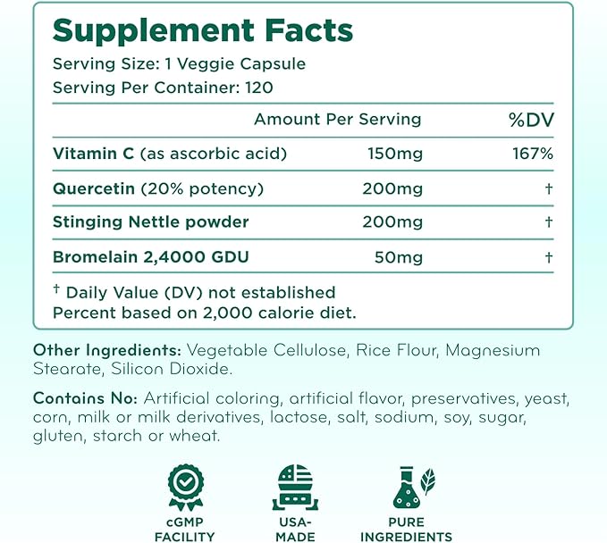 Histamine Guard Immune Support Supplement - Herbal Sinus Respiratory and Immunity Support Histamine Blocker with Stinging Nettle Vitamin C Bromelain and Quercetin Complex - Non-Drowsy (120 Capsules)